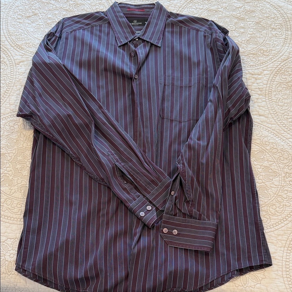 Bugatchi Men’s XXL Button-Down Shirt Black Burgundy Pinstripe